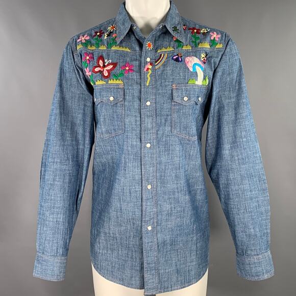 NEEDLES Size M Blue Multi Color Embroidery Chambray Snaps Long Sleeve Shirt - Picture 1 of 7